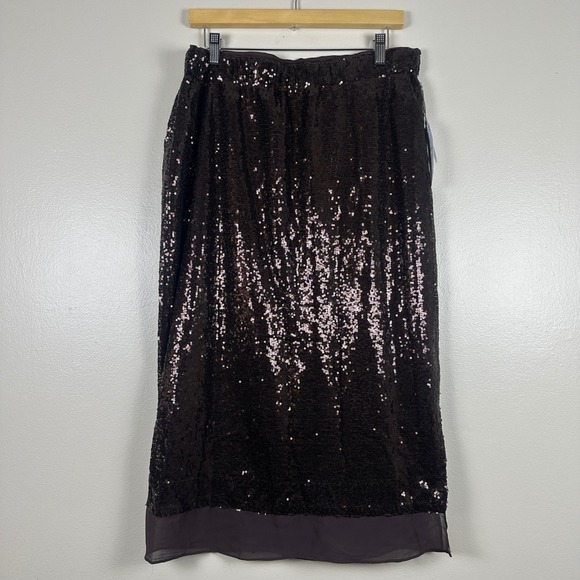 Liz Claiborne Dresses & Skirts - Liz Claiborne Women's L Sequin Midi Skirt Chocolate Brown Lined Sheer Hem NEW